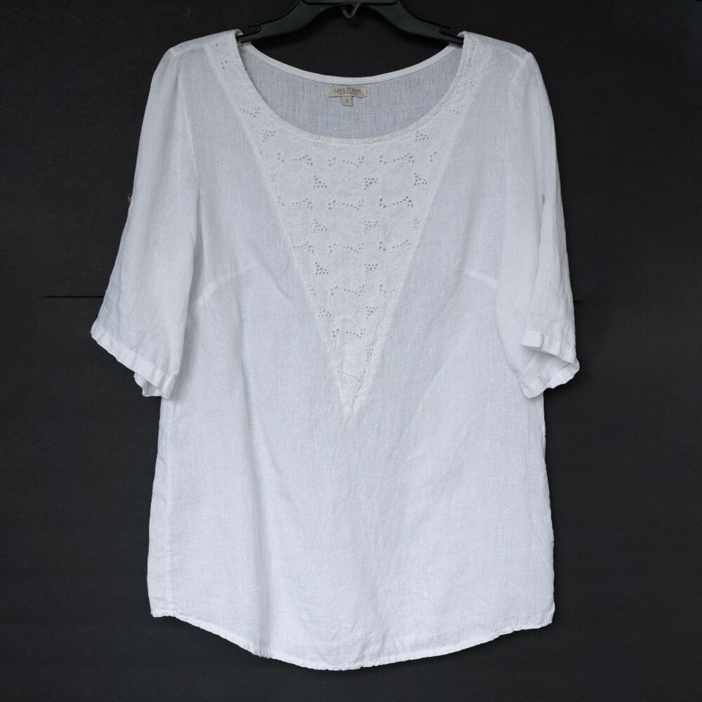 LINA TOMEI Linen Tunic White Lagenlook Short Sleeve Scoop Neck Pull Over Top